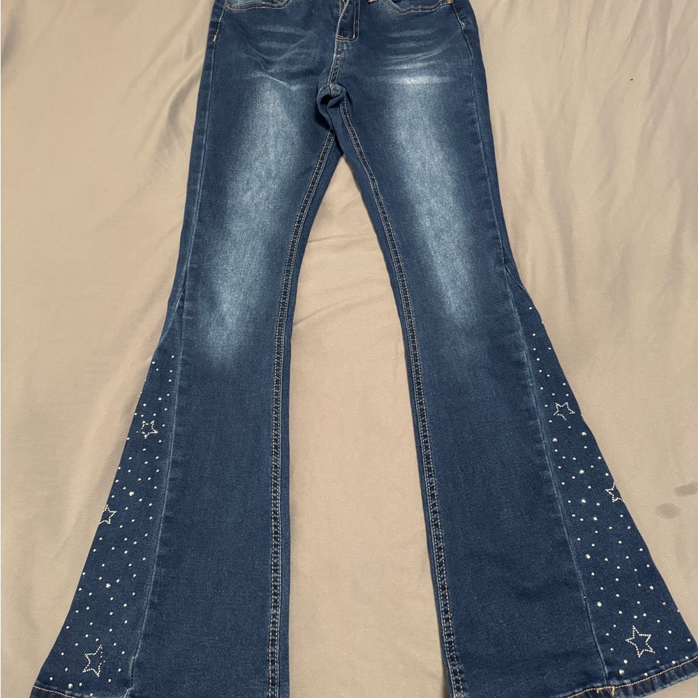Junior’s Blue Flared Jeans with Star Embellishments